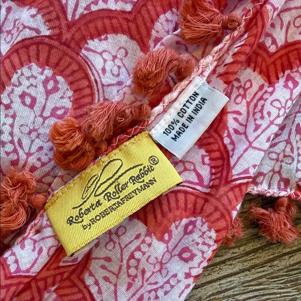 Roberta Roller Rabbit Pink Red and White Patterned 76” long Scarf with Tassels